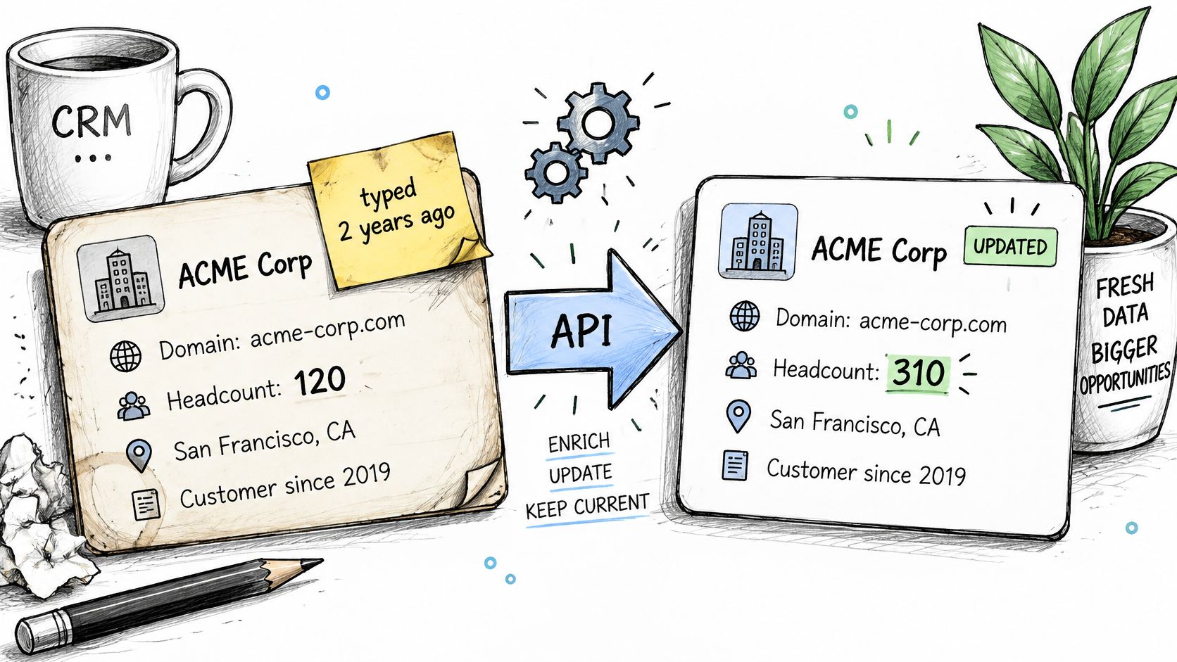 A diagram illustrating company data enrichment through an API, updating old records with fresh business information.