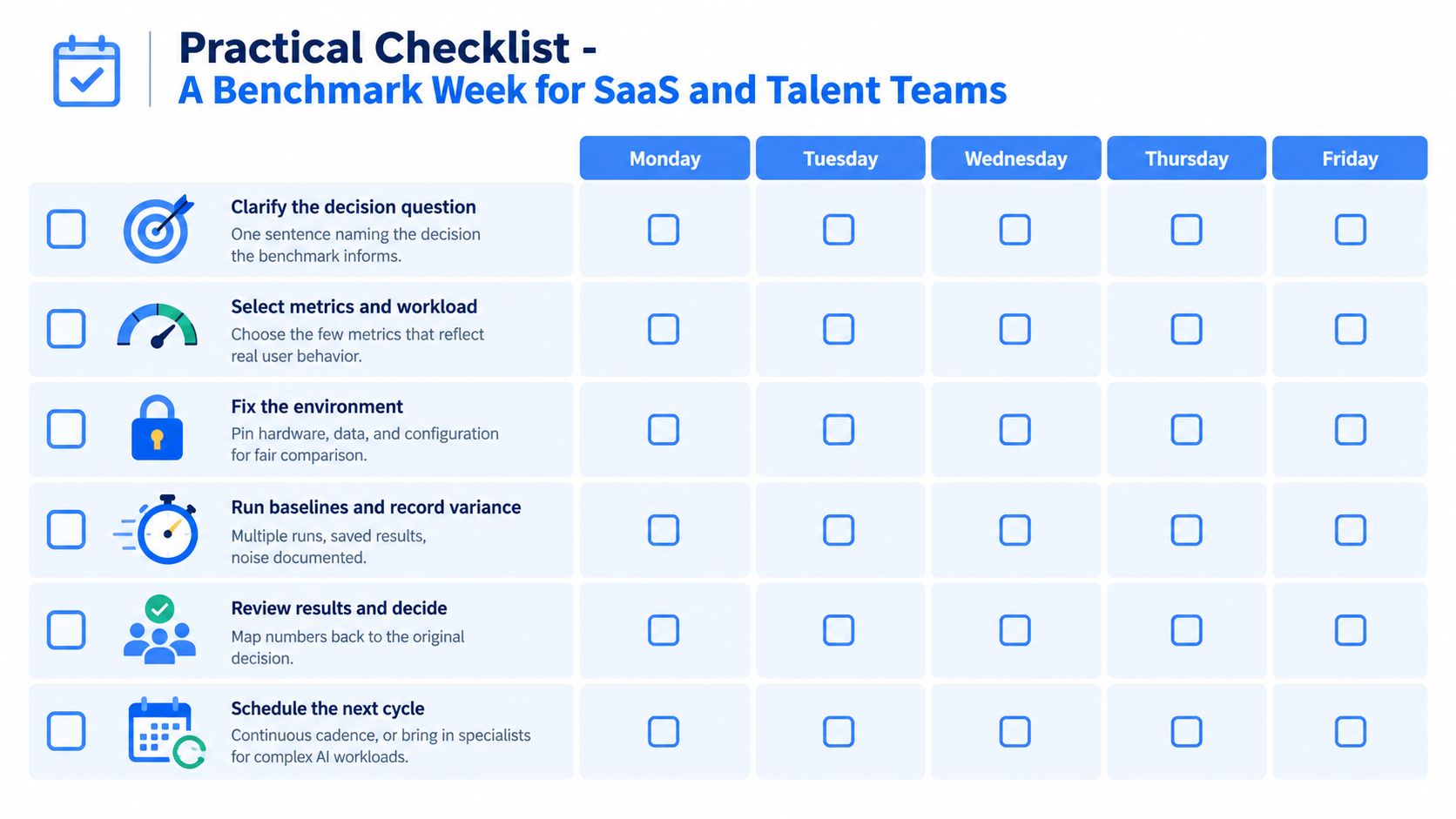 A weekly practical checklist for SaaS and talent teams to manage performance benchmarking tasks effectively.