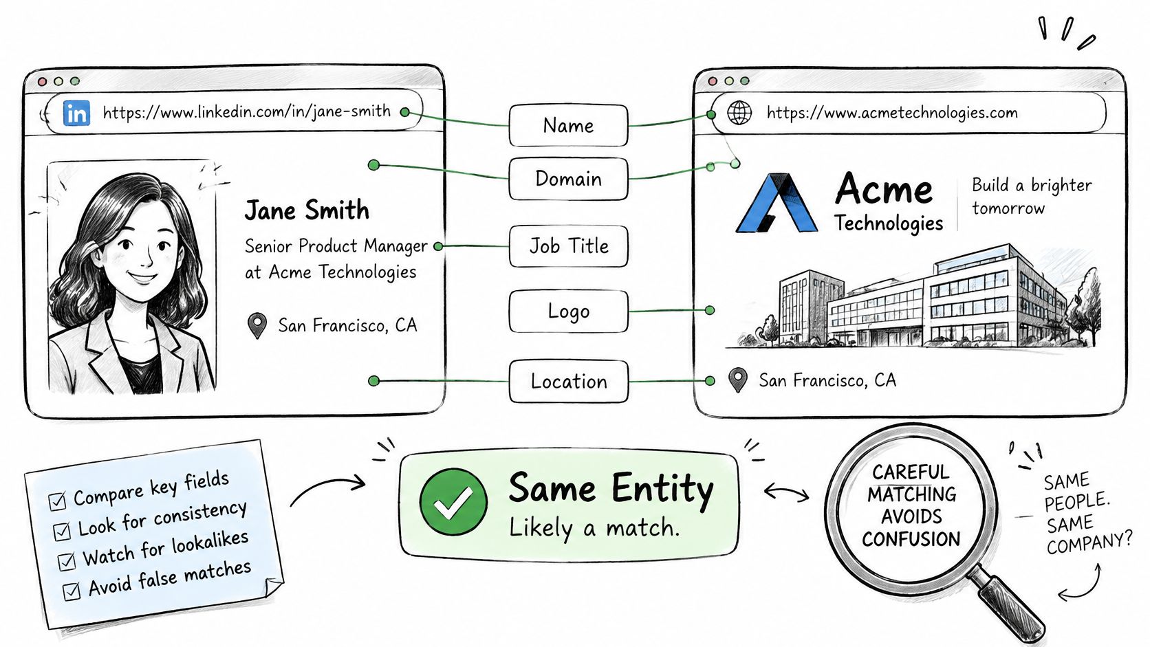 A diagram illustrating data matching between a LinkedIn profile and a company website to confirm identity.