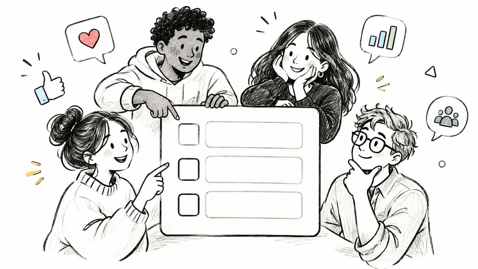 A diverse group of four young people collaborating together around a blank checklist on a screen.