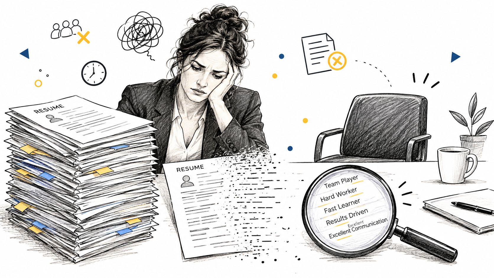 A tired professional woman overwhelmed by a massive stack of resumes at her desk with a magnifying glass.
