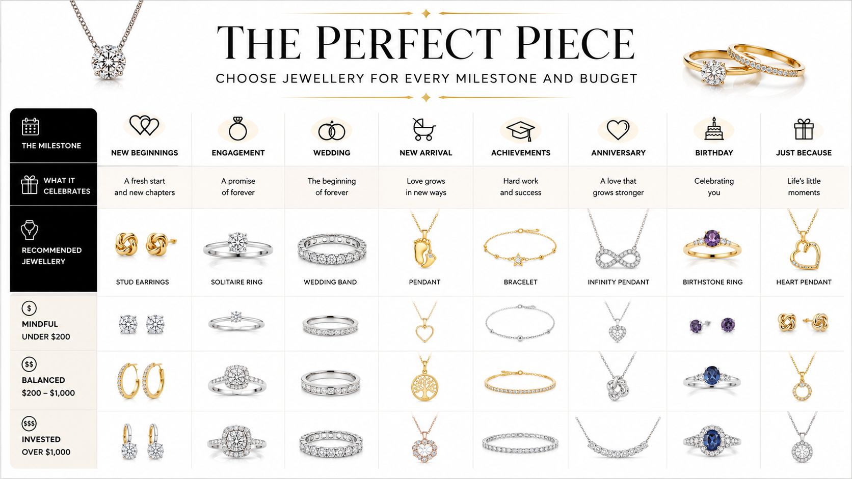 A guide helping customers select jewelry gifts for various life milestones, categorized by occasion and price.