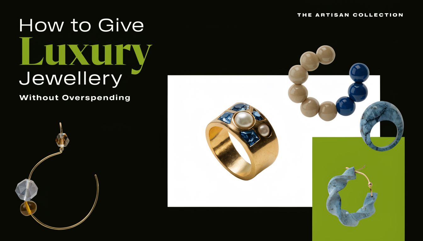 A curated collection of stylish rings and earrings on a black background, perfect for luxury gifting ideas.
