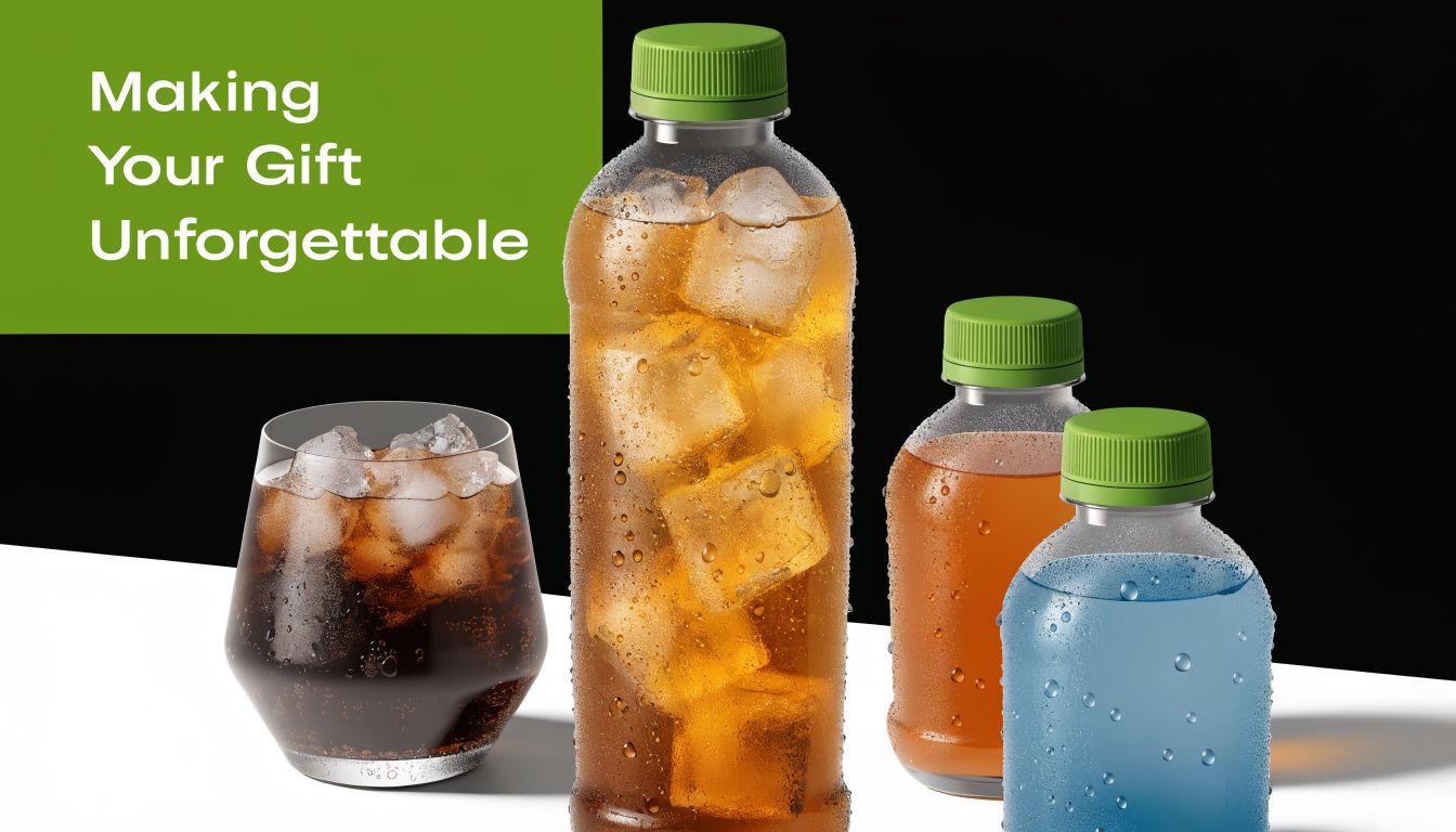 A selection of chilled, refreshing drinks served in a glass and plastic bottles, suggesting luxury gift ideas.