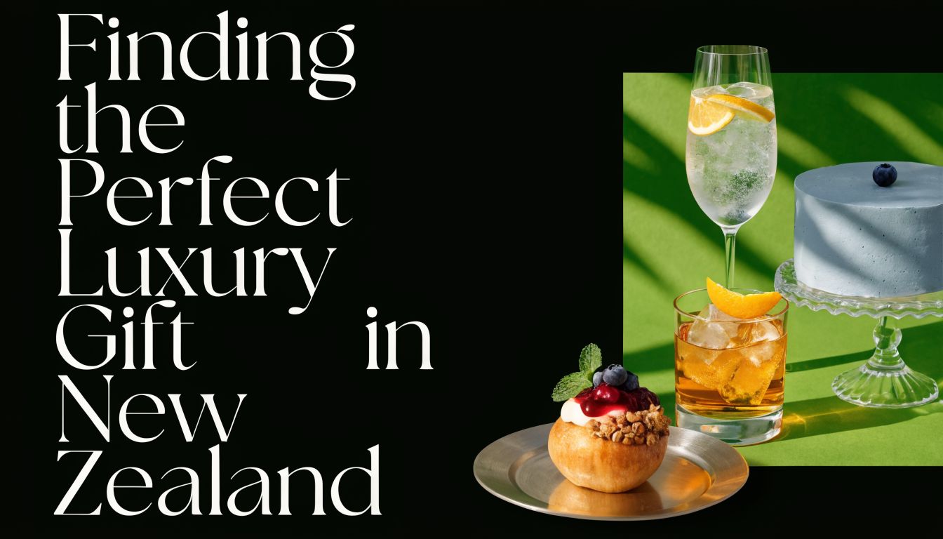 A sophisticated display featuring a cake, two cocktails, and a gourmet pastry on a vibrant green backdrop.