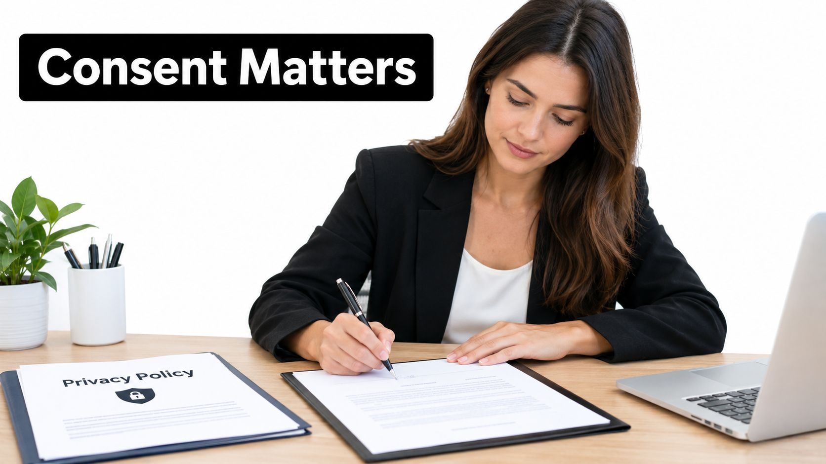 A professional woman in a suit signs a document on a desk next to a privacy policy.
