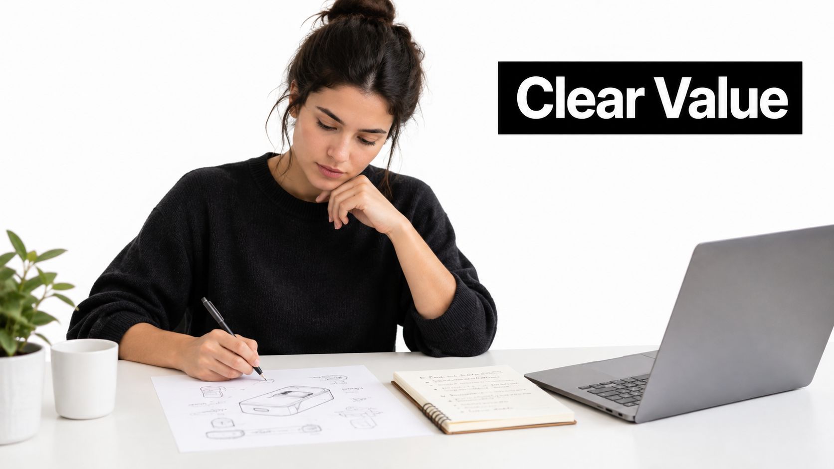 A focused woman sketching product designs in a notebook while working at her minimalist desk setup.