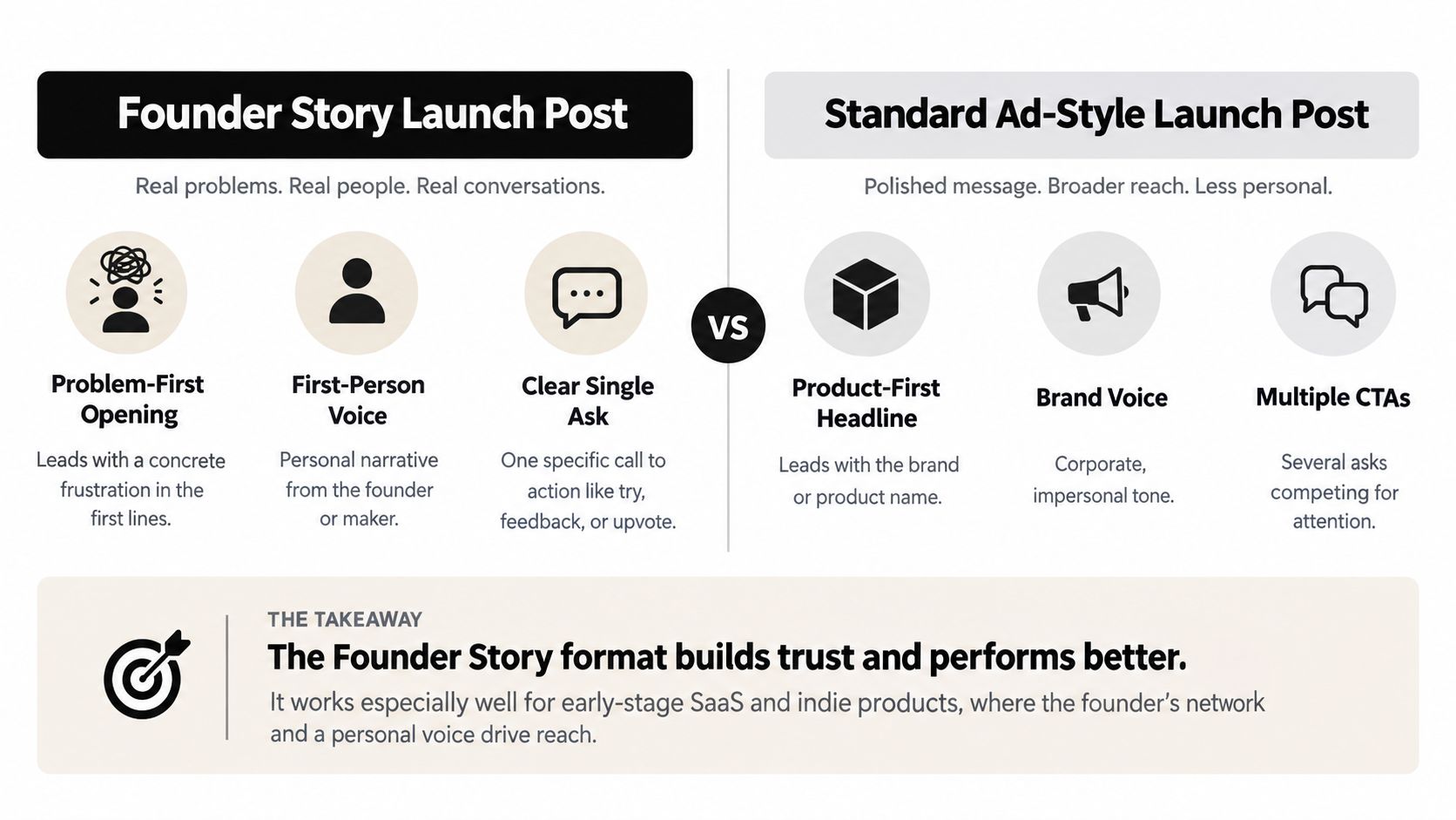 A comparison infographic between a personal founder story launch post and a standard ad-style launch post.
