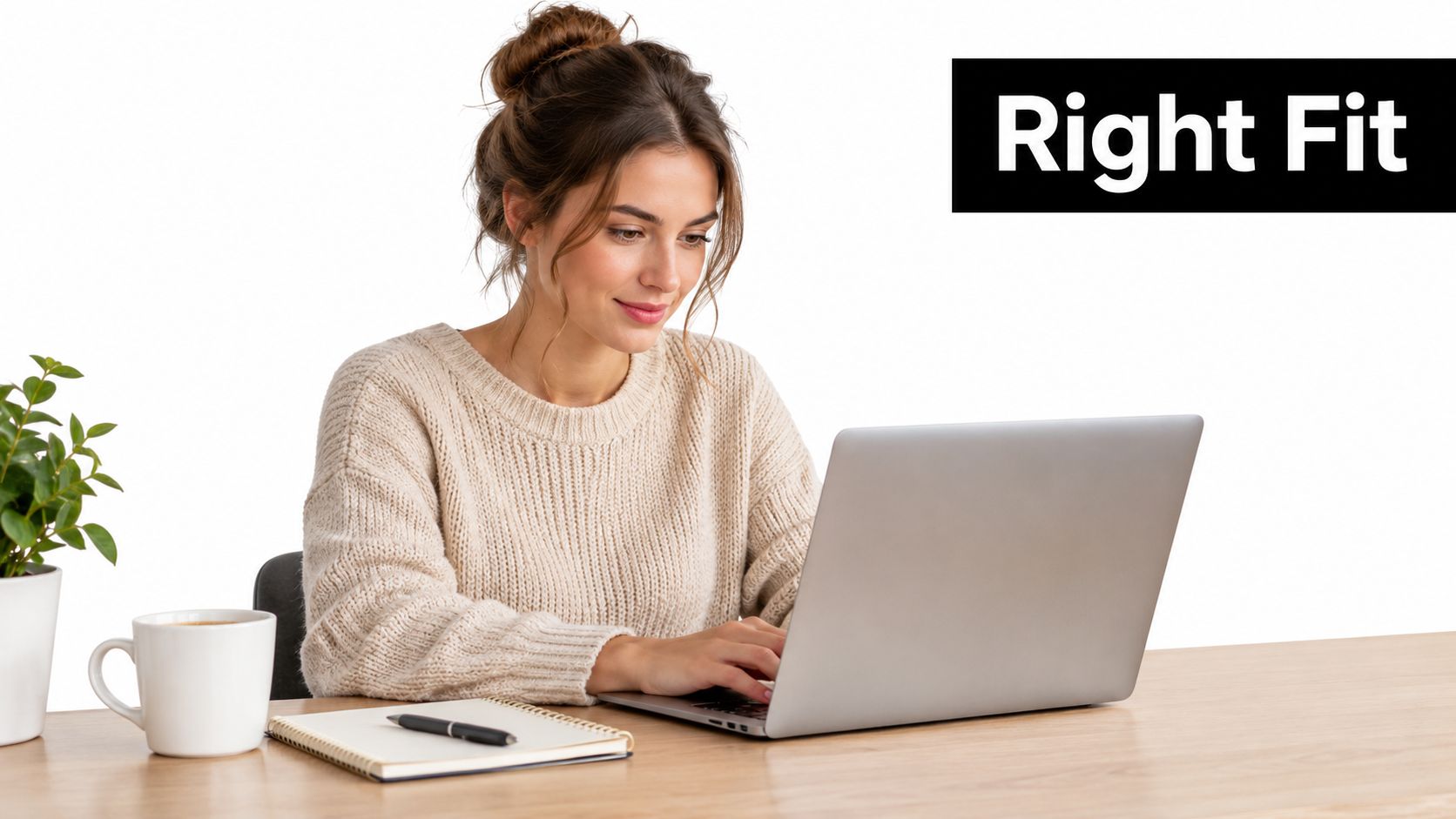 A woman working on a laptop at a wooden desk with a coffee mug and notebook.