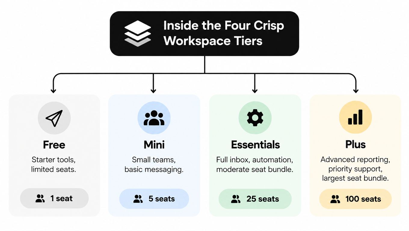 A diagram outlining the four Crisp workspace pricing tiers: Free, Mini, Essentials, and Plus with seat counts.