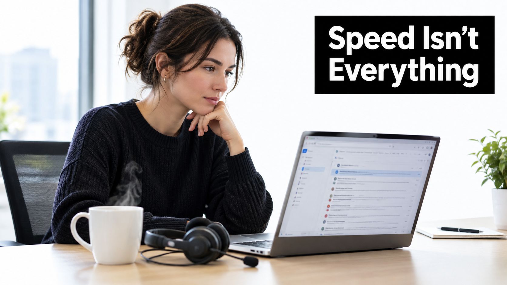 A professional woman in a sweater looks thoughtfully at her laptop screen while sitting at a desk.