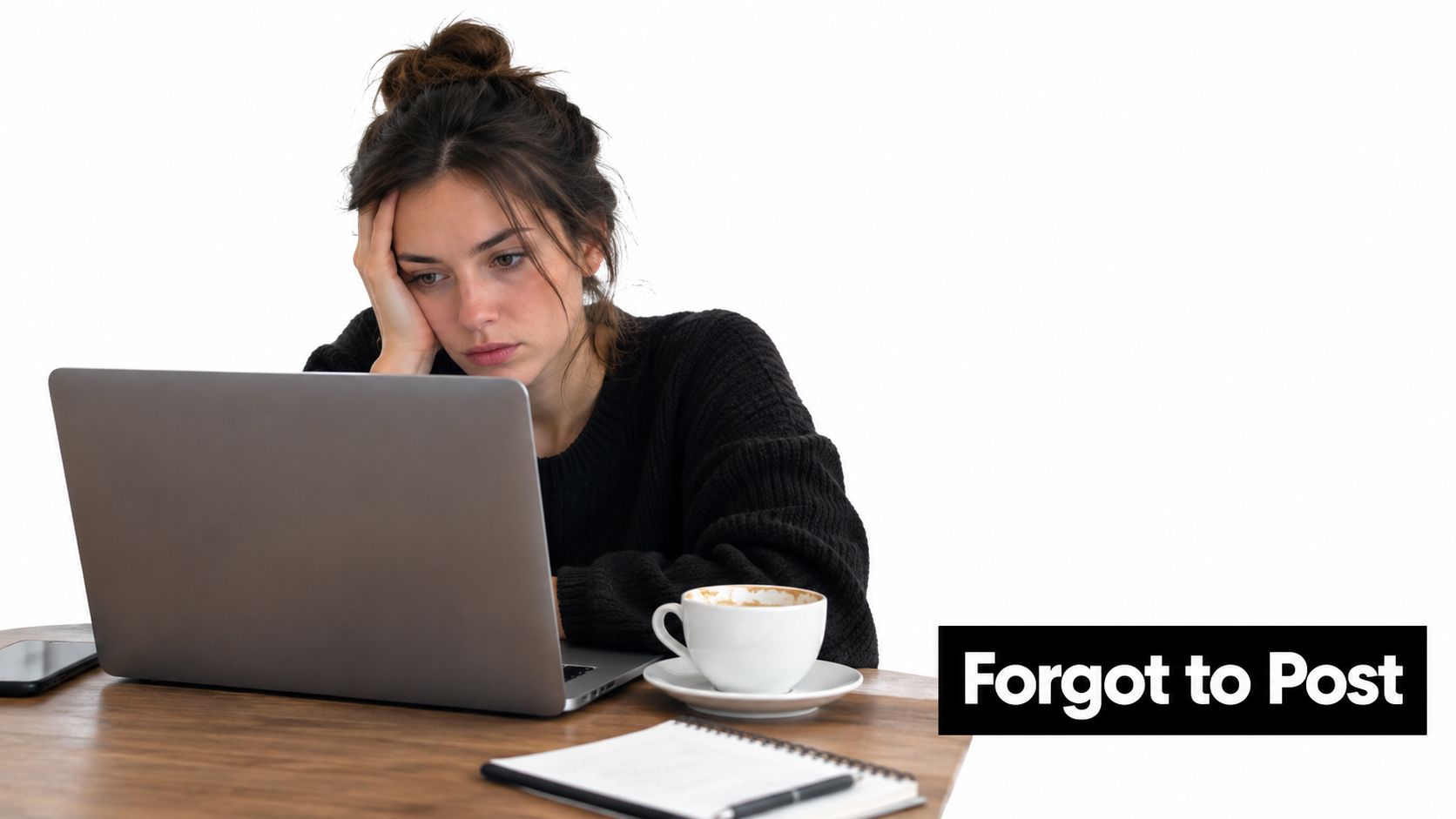 A tired woman working on a laptop at a desk with coffee, looking overwhelmed by digital tasks.