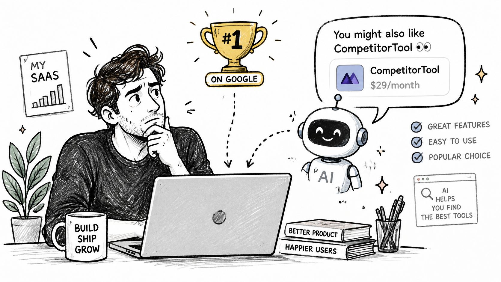 A person working on a laptop while an AI chatbot suggests a competitor tool for their business.