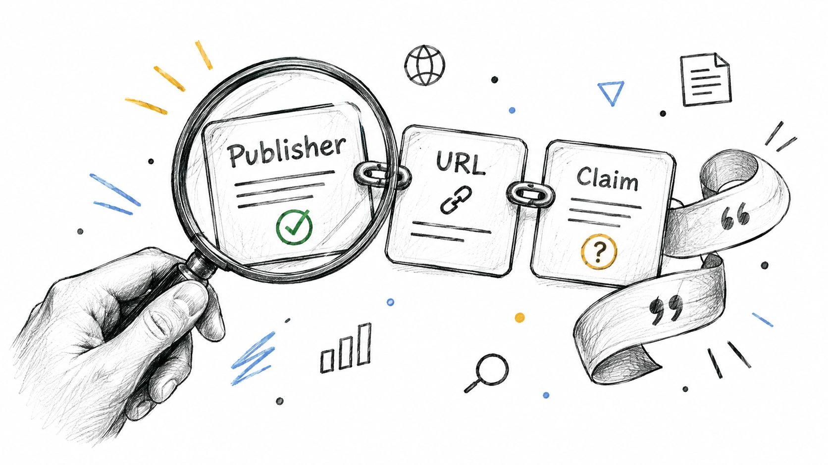 A hand holds a magnifying glass over a document representing publisher, URL, and claim information.