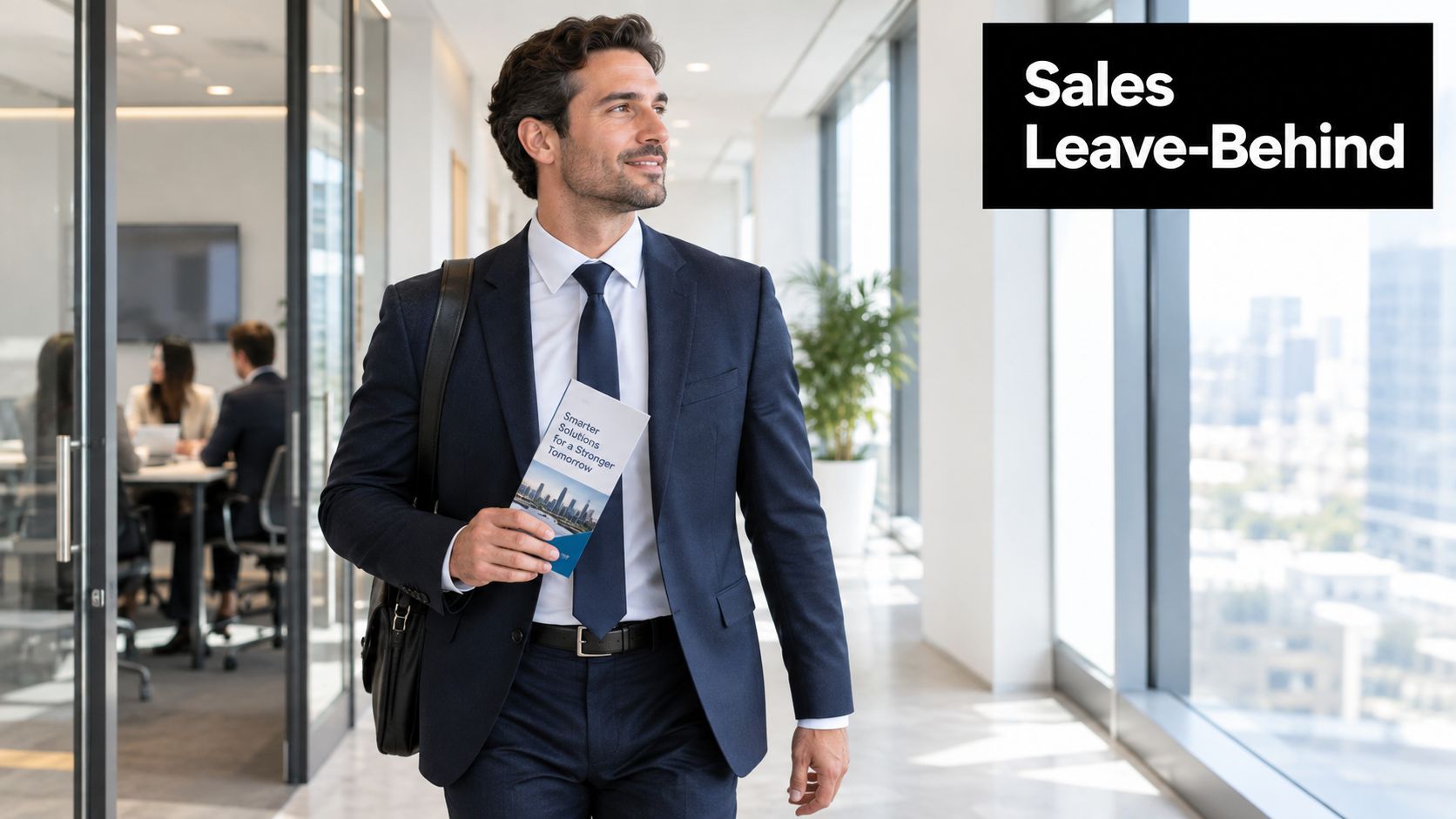 A professional man in a business suit holding a brochure while walking through a corporate office.