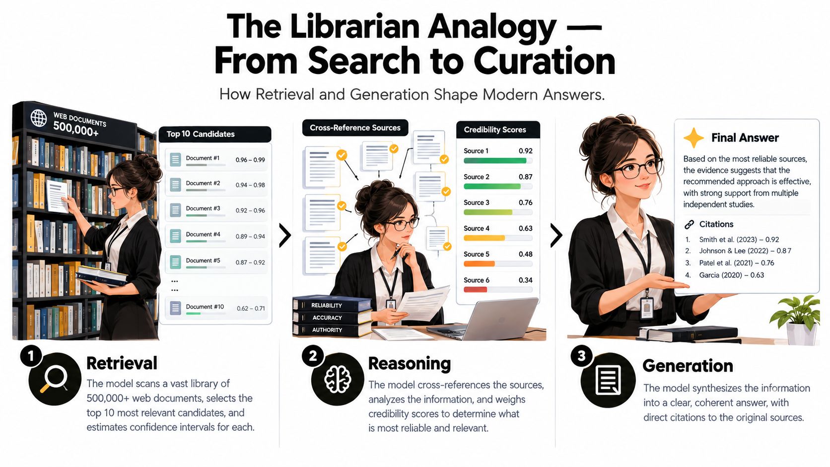 An infographic illustrating the librarian analogy of RAG, showing Retrieval, Reasoning, and Generation steps for AI models.