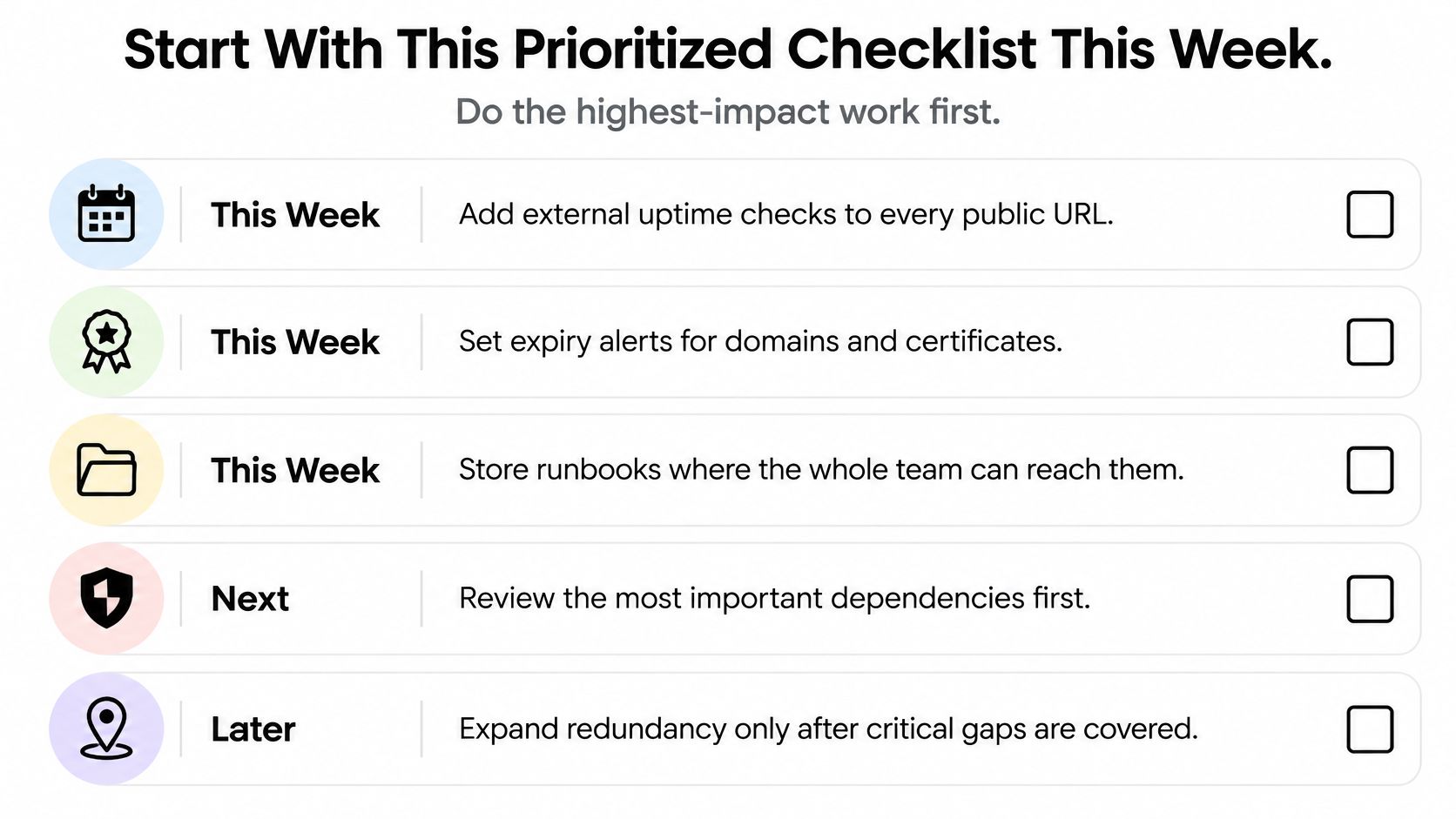 A prioritized checklist for downtime prevention with five actionable tasks regarding monitoring, runbooks, and infrastructure stability.