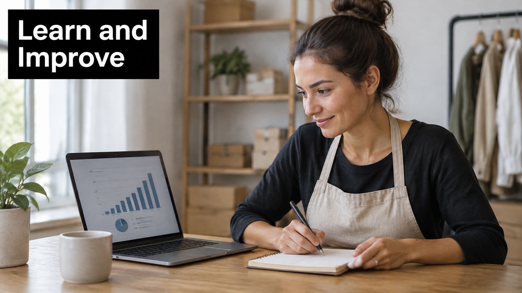 A female entrepreneur writing notes while reviewing business performance analytics on her laptop in a home office.