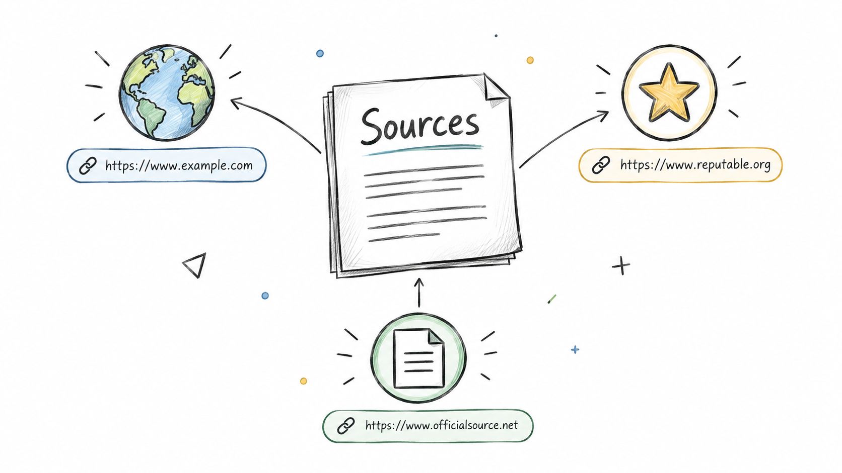 A diagram with a document labeled Sources connected to three different icons, each featuring a website URL.