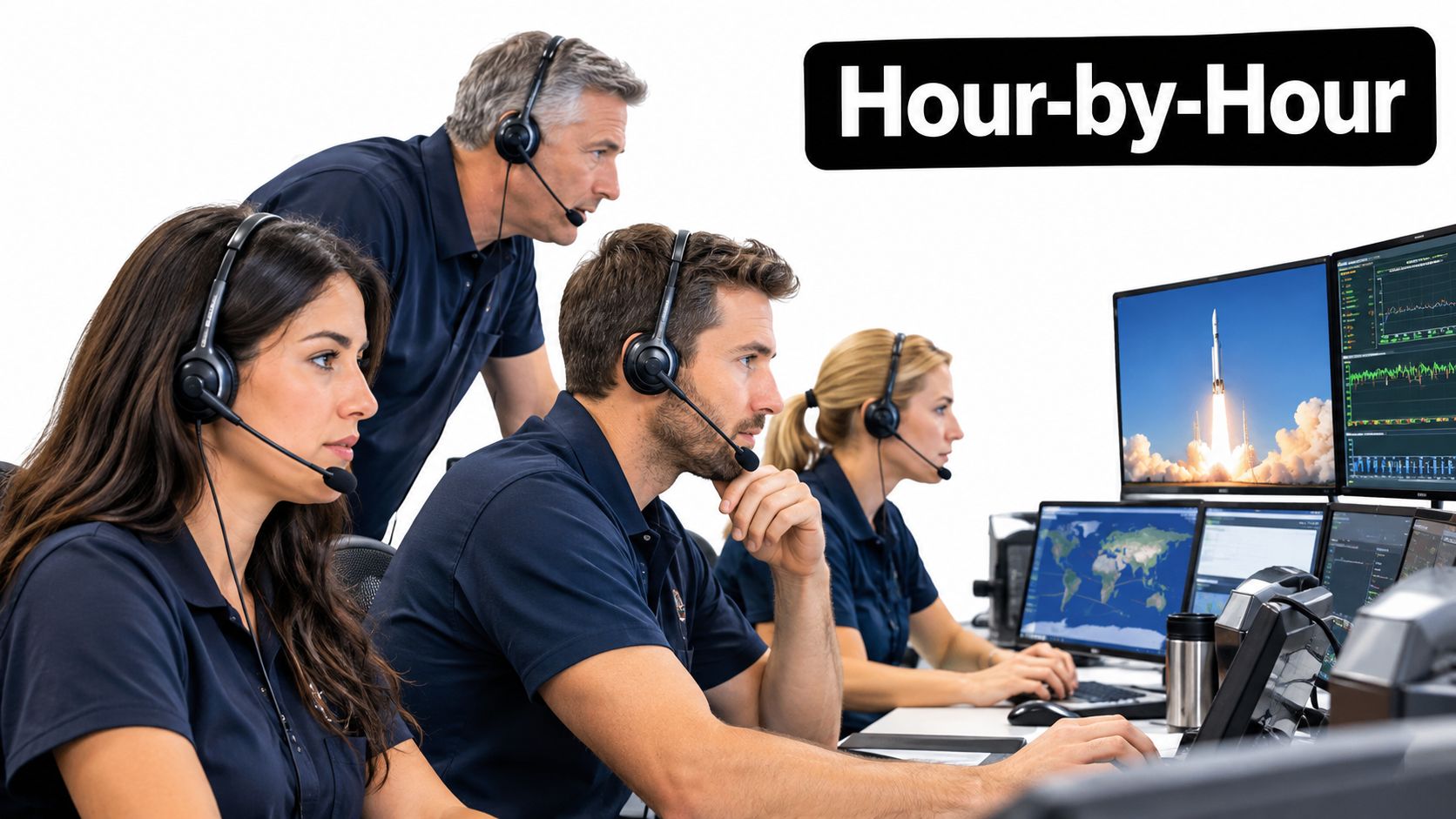 A team of professionals monitoring a rocket launch mission control center with headsets and computer displays.