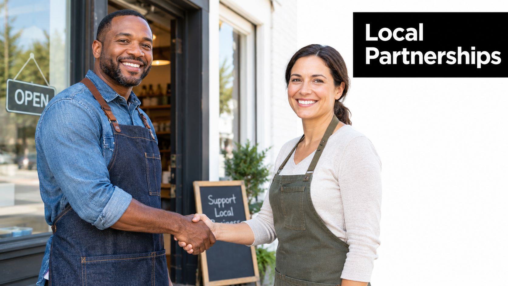 Two smiling local small business owners in aprons shaking hands in front of their storefront shop entrance.
