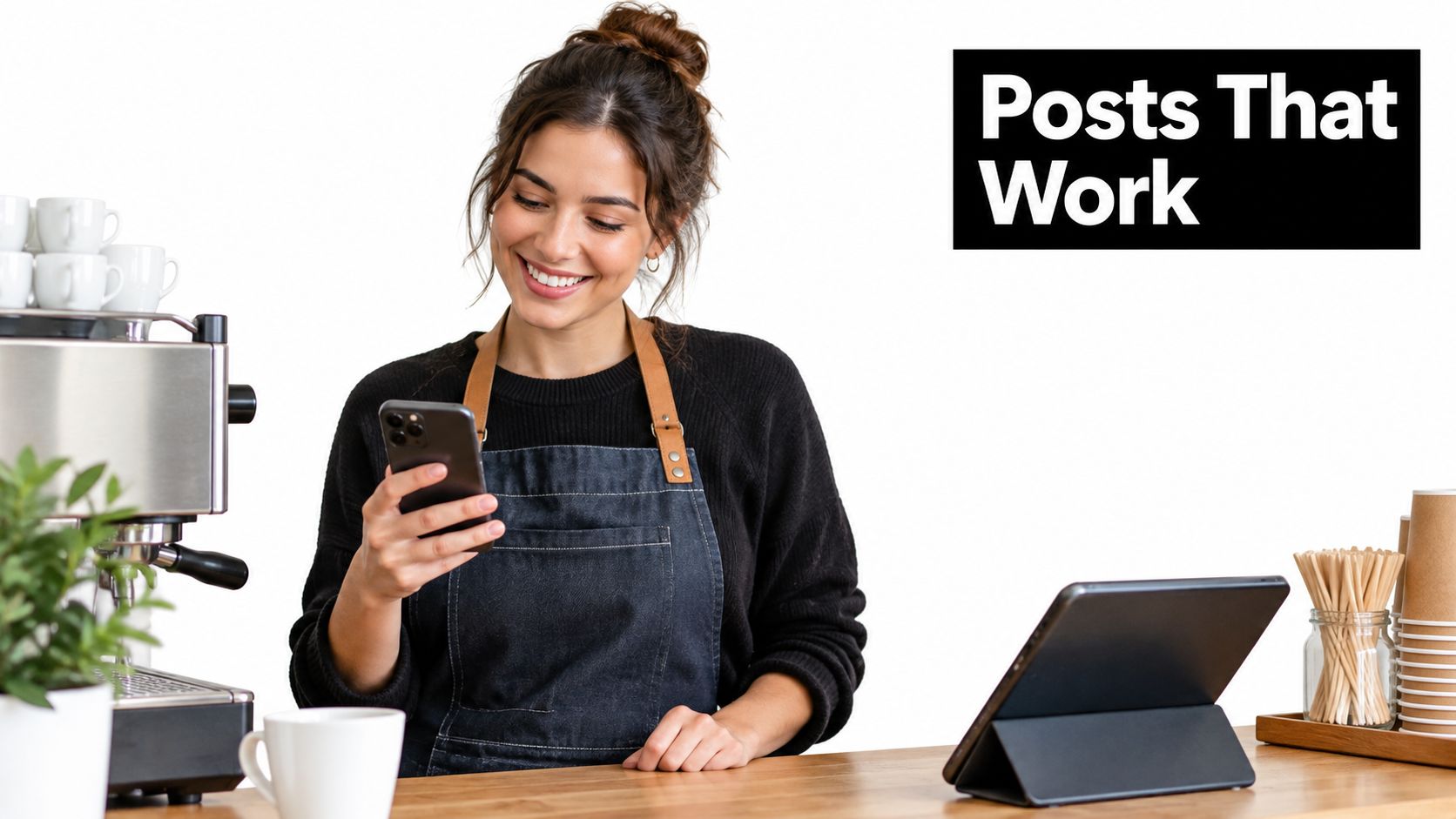 A smiling barista in an apron checks her smartphone while standing at a wooden cafe counter.