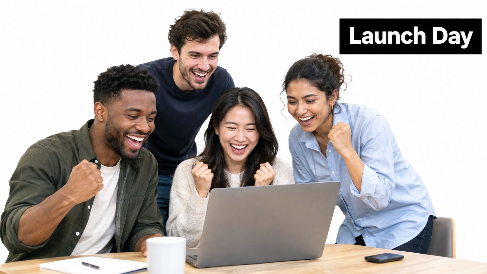 A diverse team of four colleagues cheering excitedly while looking at a laptop screen during launch day.