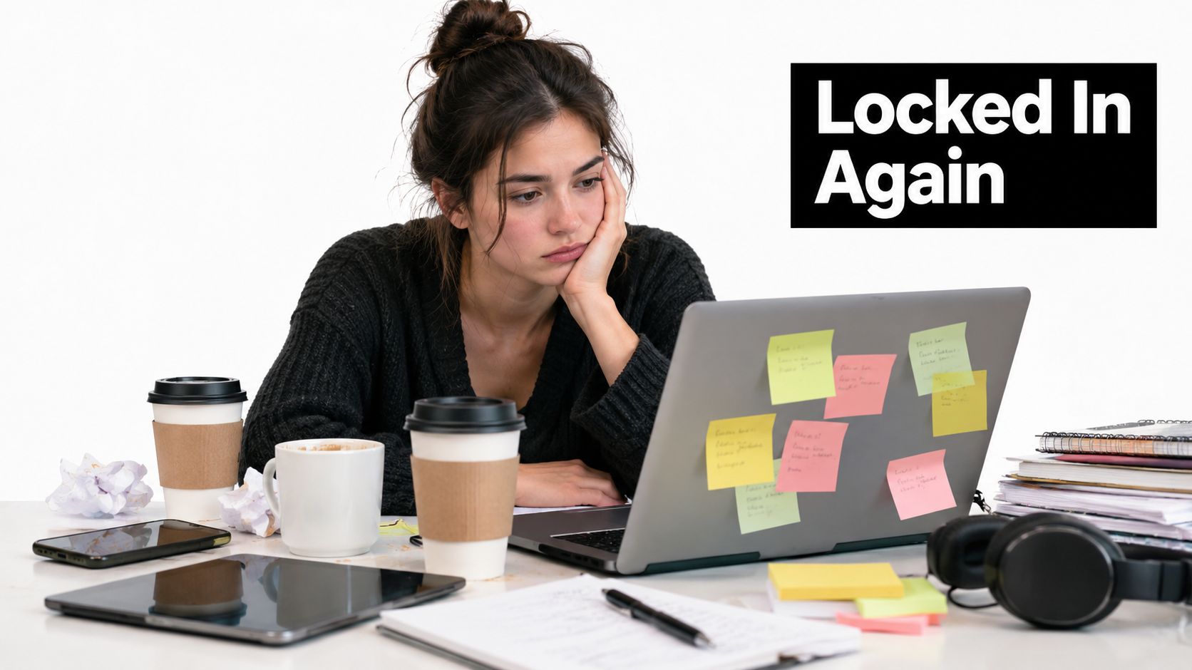 A tired young woman sitting at a desk with a laptop, coffee, and sticky notes.