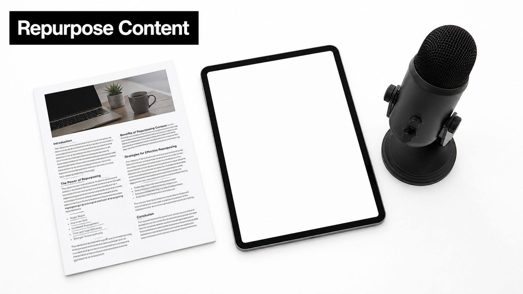 A document about repurposing content next to an empty tablet screen and a studio microphone on white