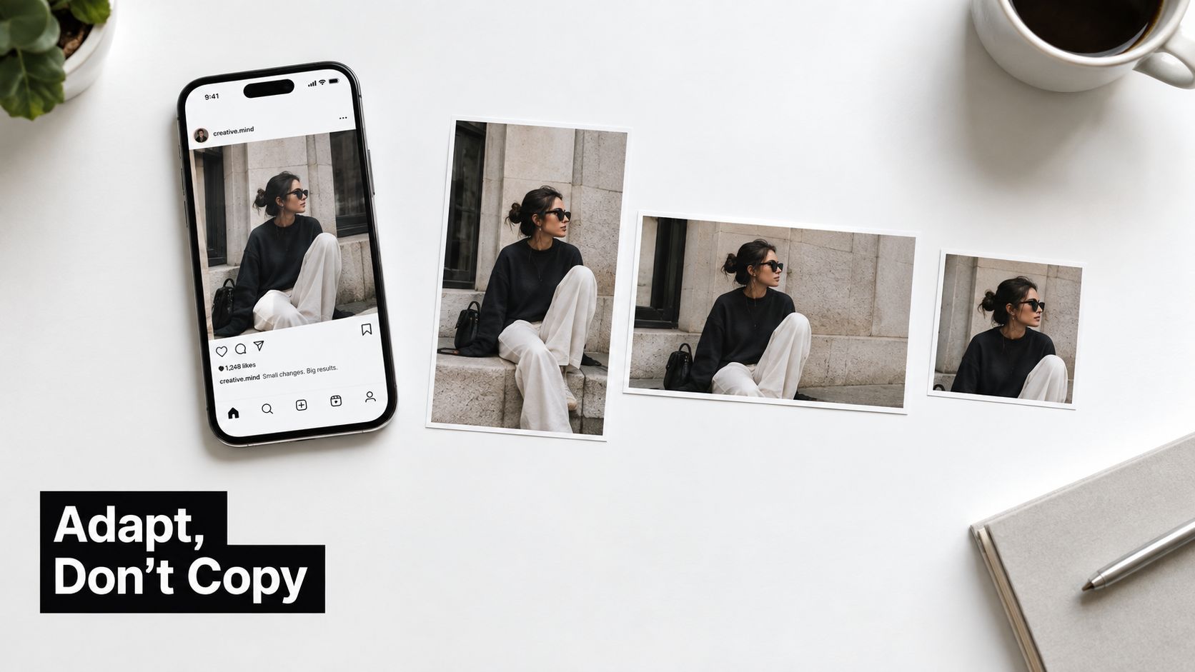 A flatlay composition featuring a smartphone displaying an Instagram feed alongside printed photo variations and stationery.