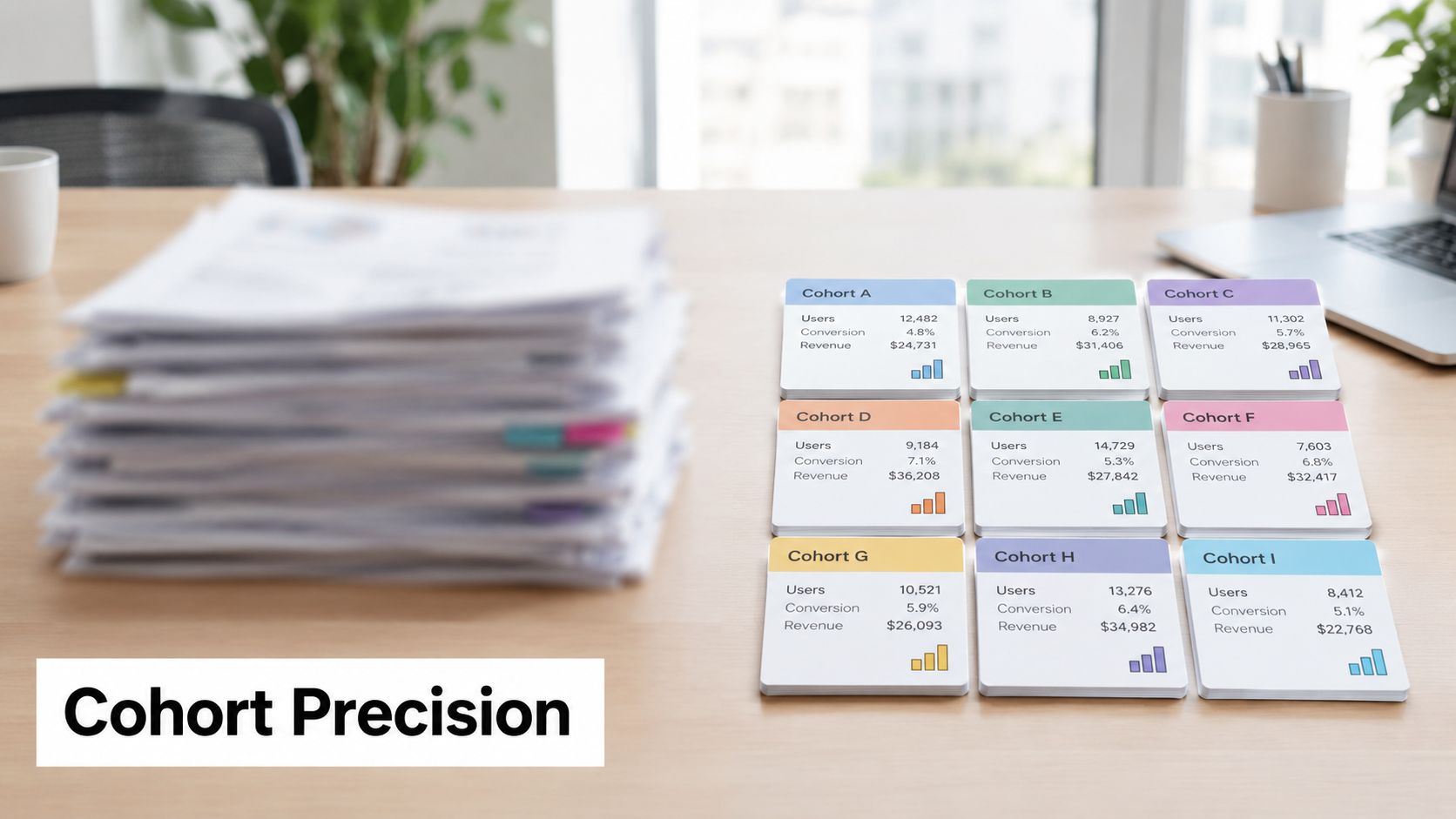 Data cards displaying user analytics, conversion rates, and revenue for various business cohorts on an office desk.