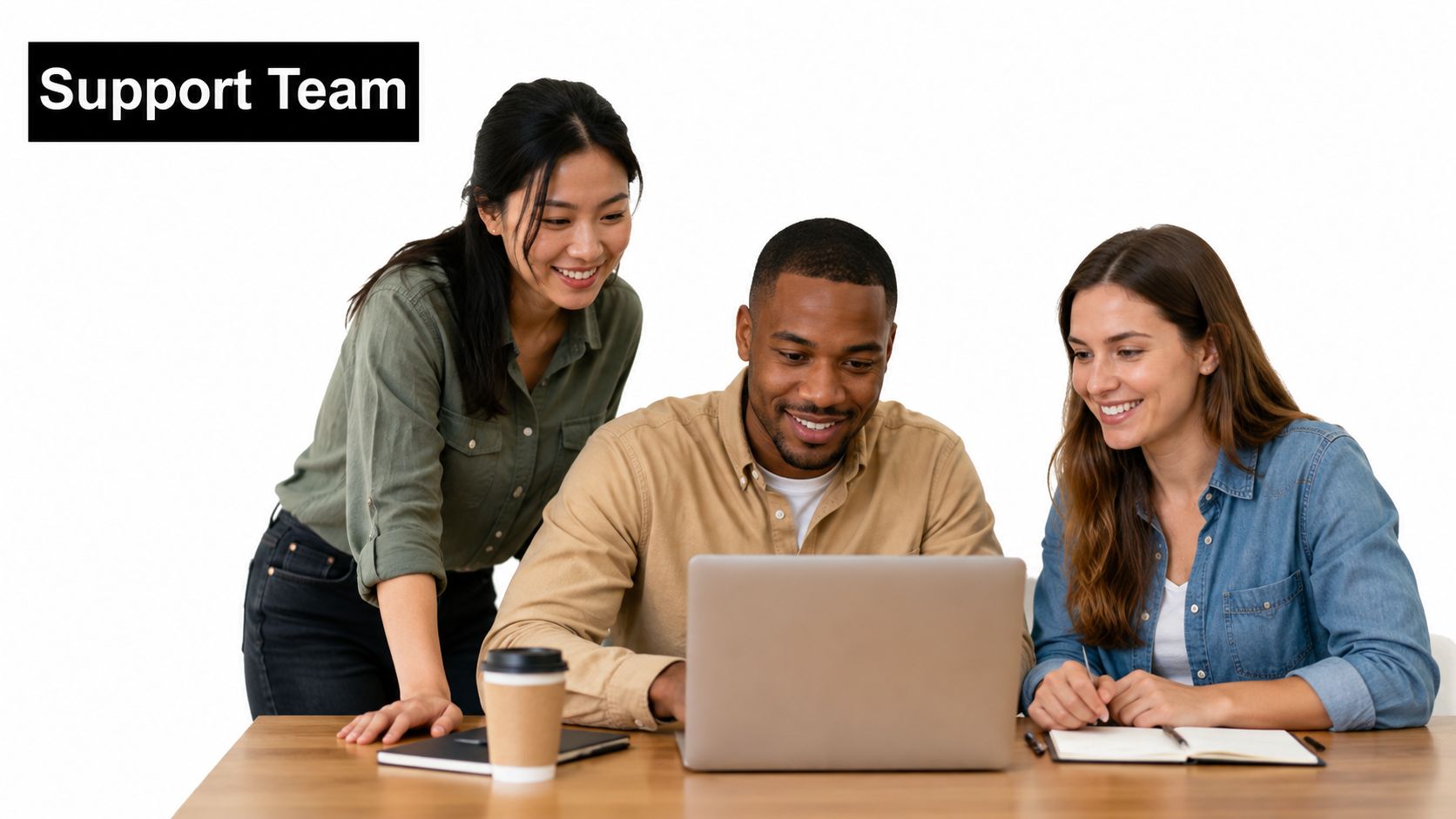 Diverse group of support team members working together on a laptop at a wooden office desk.