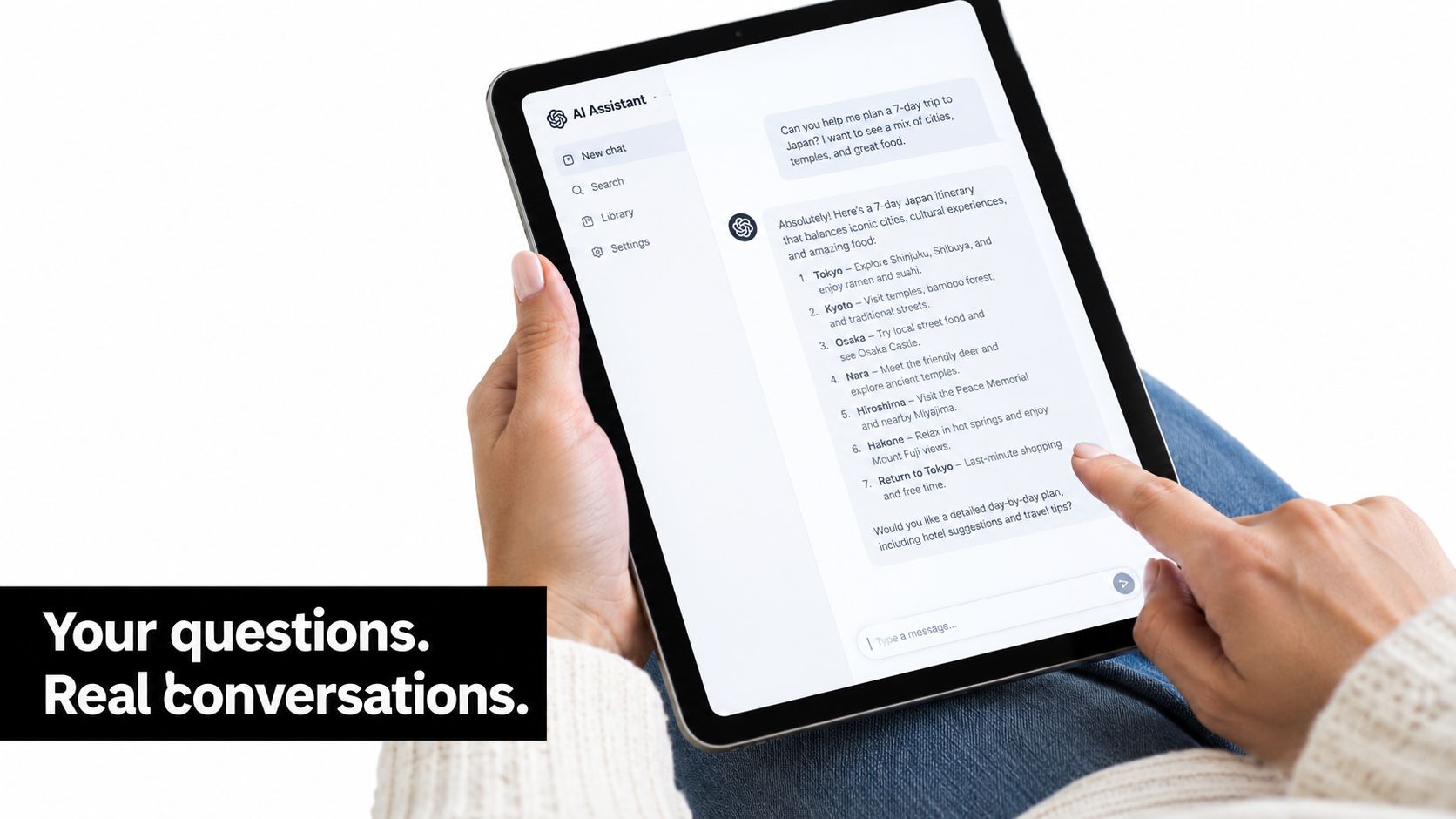 A person holding a tablet displaying an AI assistant interface with a Japan travel itinerary conversation.