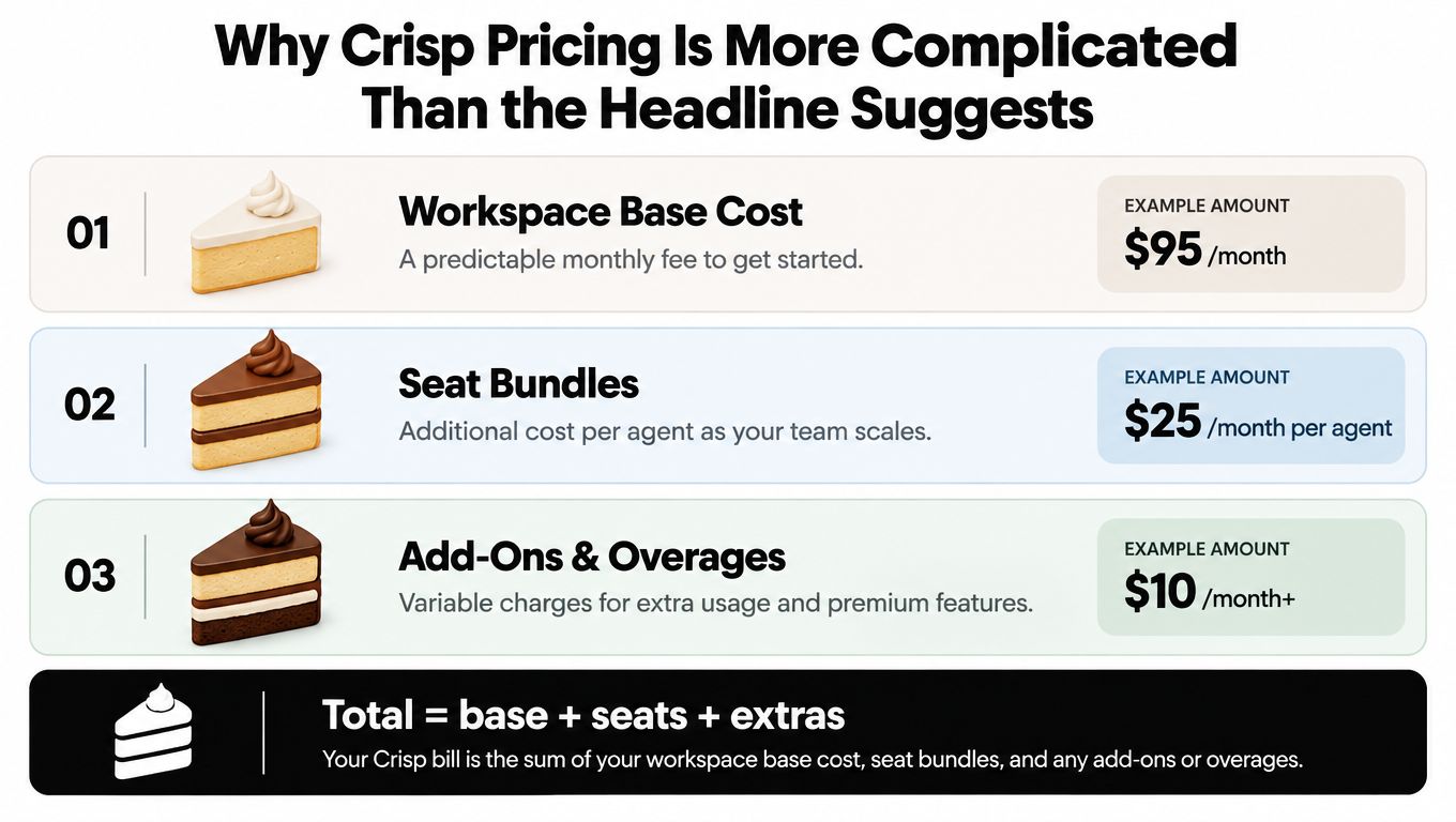 A visual breakdown explaining the components of Crisp pricing including workspace base cost, seat bundles, and add-ons.