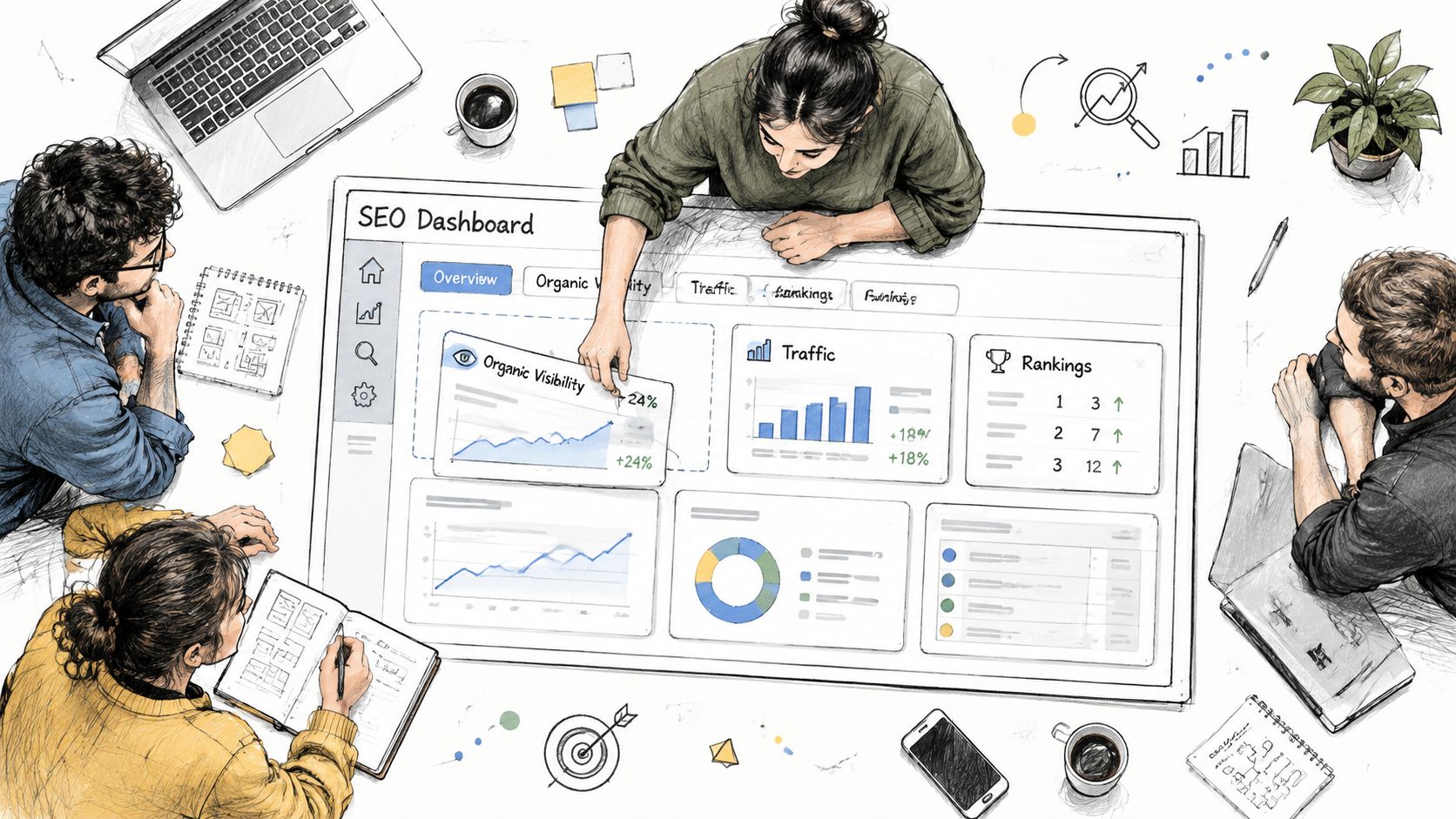 A diverse team of professionals collaborating around a large table featuring a customizable SEO dashboard digital display.
