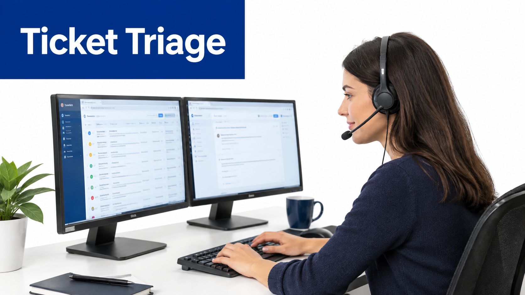 A customer service representative working on ticket triage using dual monitors and a headset.