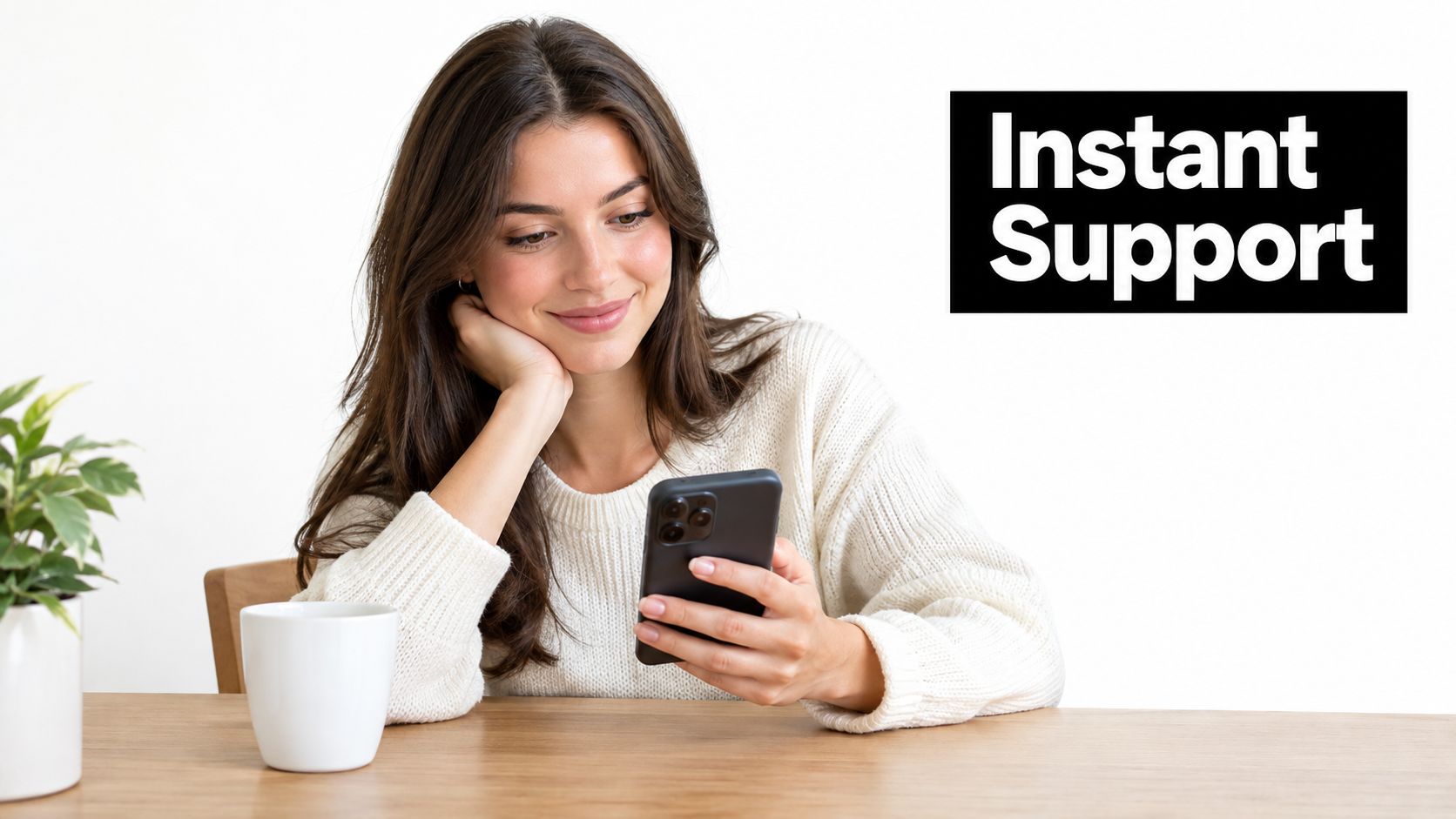 A woman smiling while looking at her smartphone while sitting at a desk with a coffee mug.