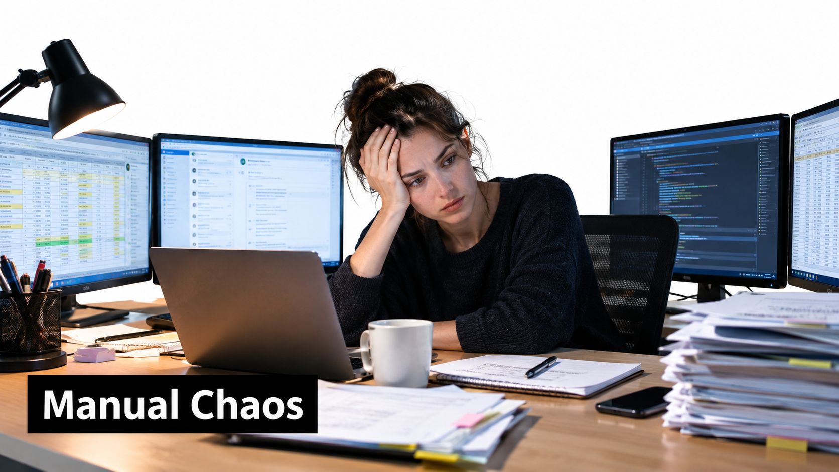 A stressed woman working at her desk with multiple computer screens and stacks of paperwork.