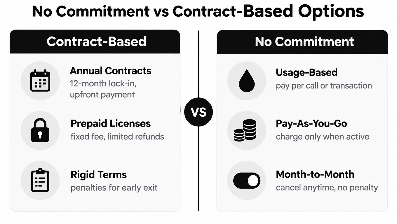 A comparison chart showing differences between contract-based pricing with rigid terms and flexible no-commitment pricing models.
