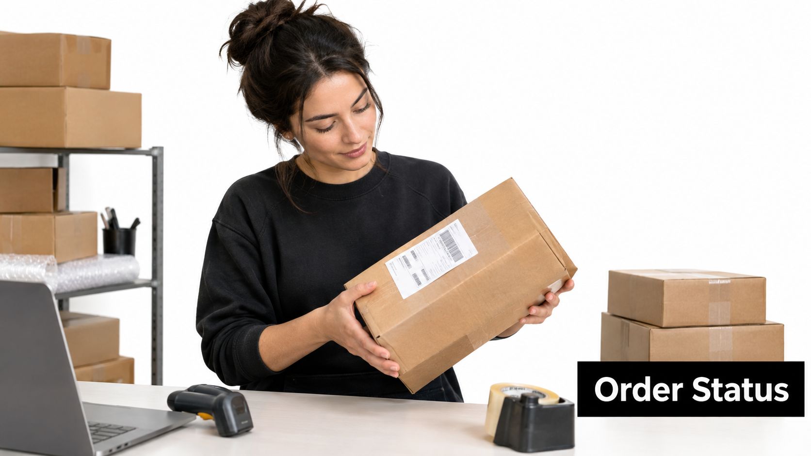 A woman working in a warehouse examining a cardboard package for order status verification.
