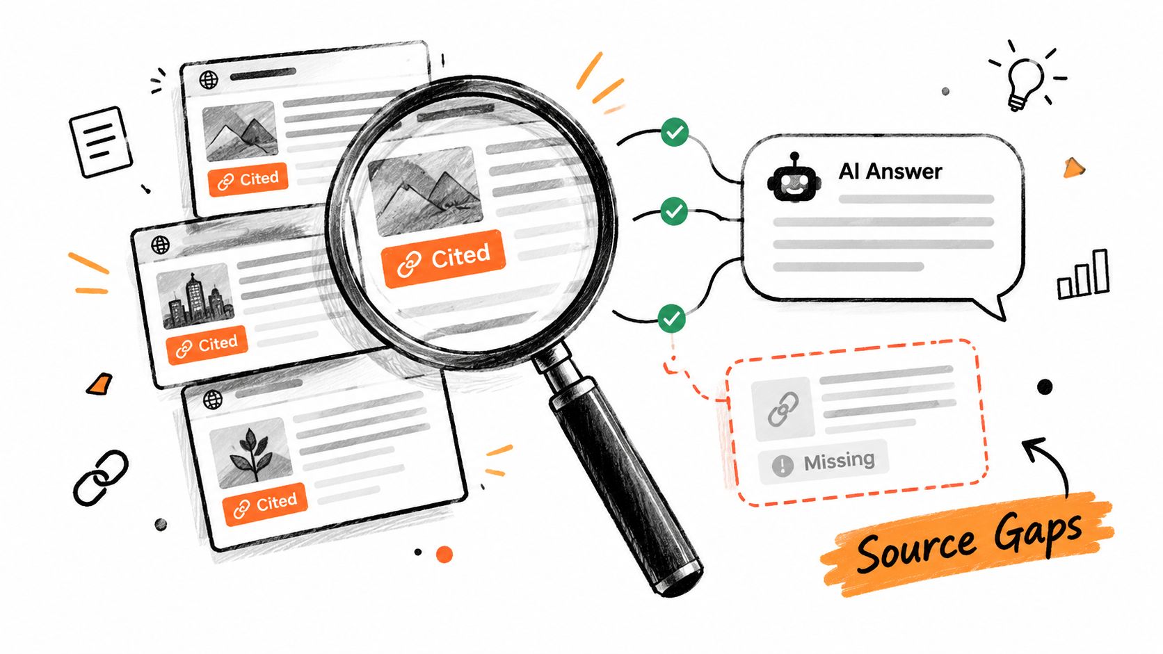 A hand-drawn illustration depicting AI research tools identifying cited sources versus missing information in search results.
