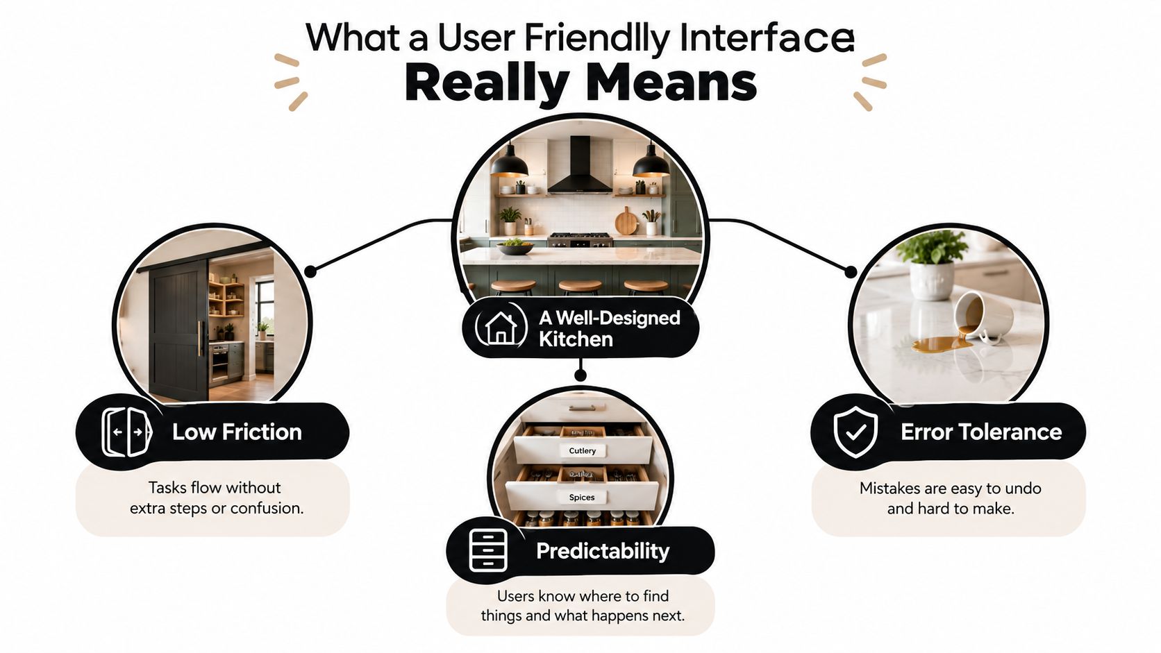 An infographic illustrating principles of a user-friendly interface through metaphors of a well-organized, efficient home kitchen.