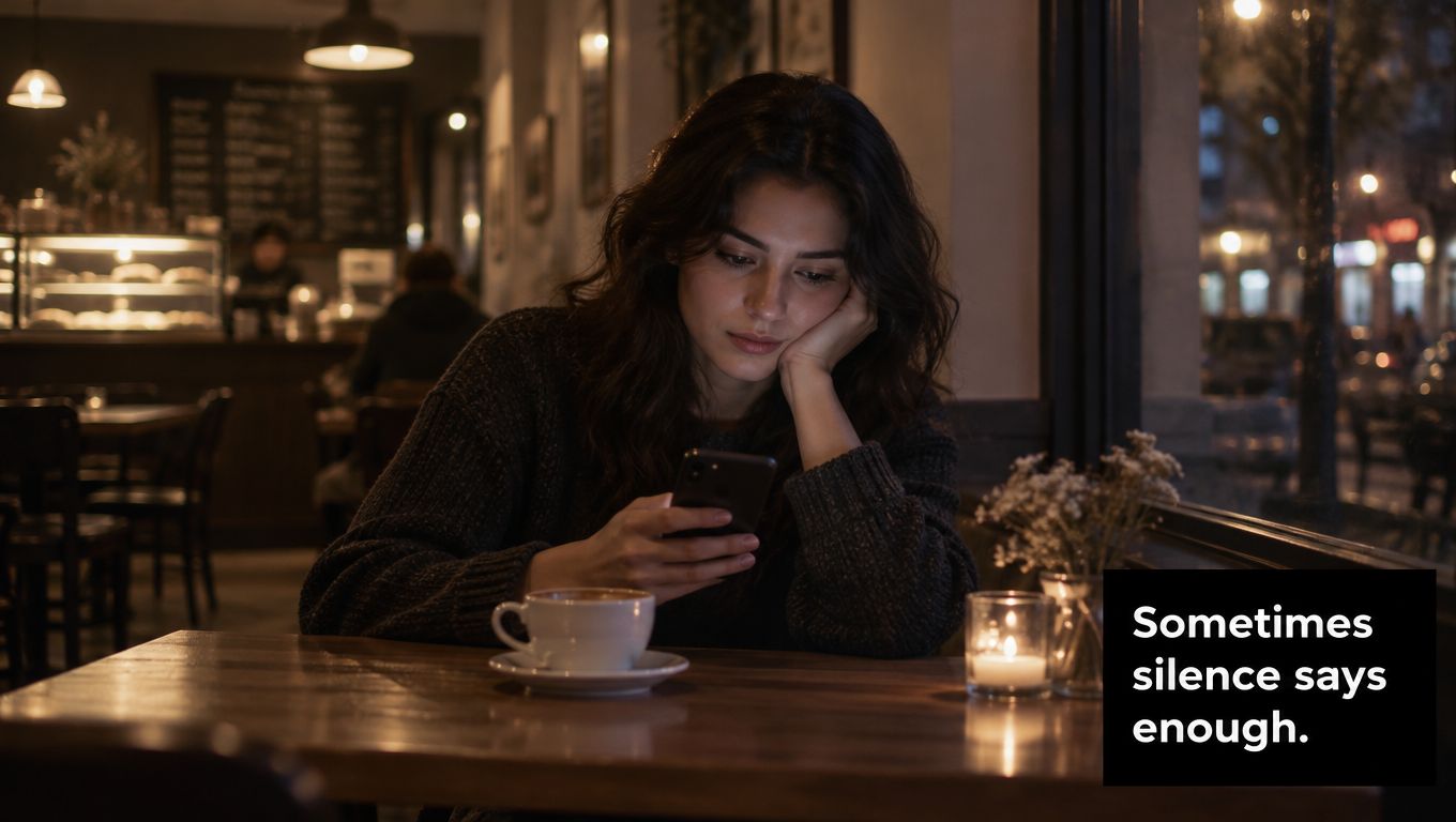 A young woman sitting alone in a dimly lit cafe, looking thoughtfully at her smartphone screen.