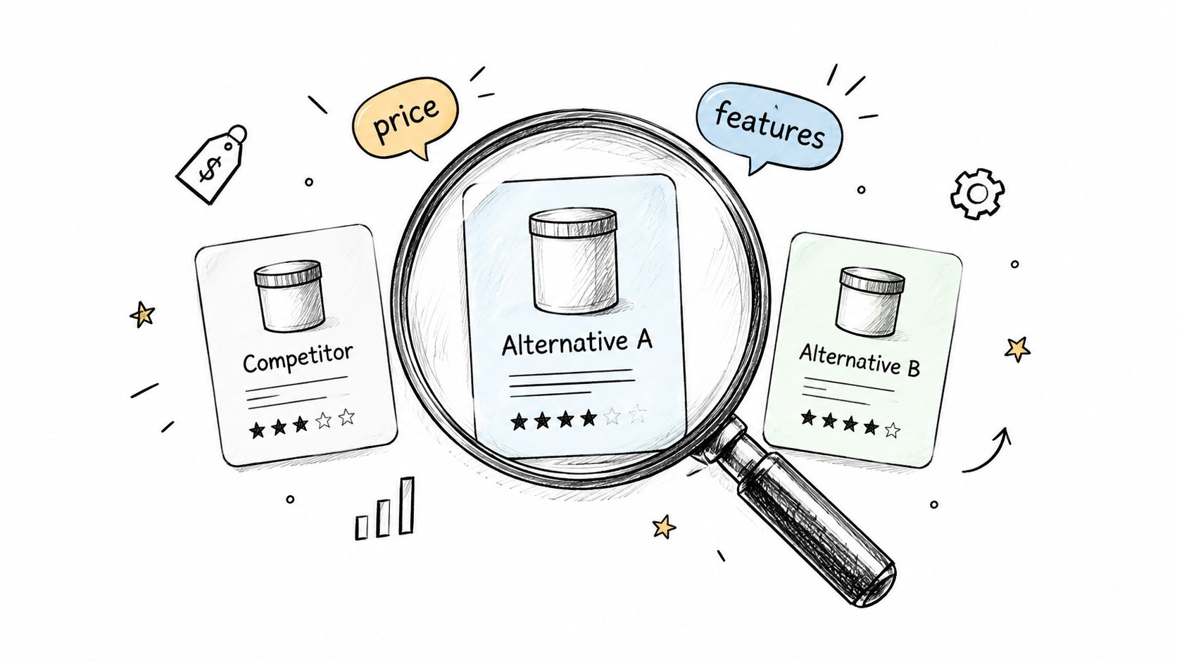 A magnifying glass focusing on a product card comparing it with competitor and alternative brand options.