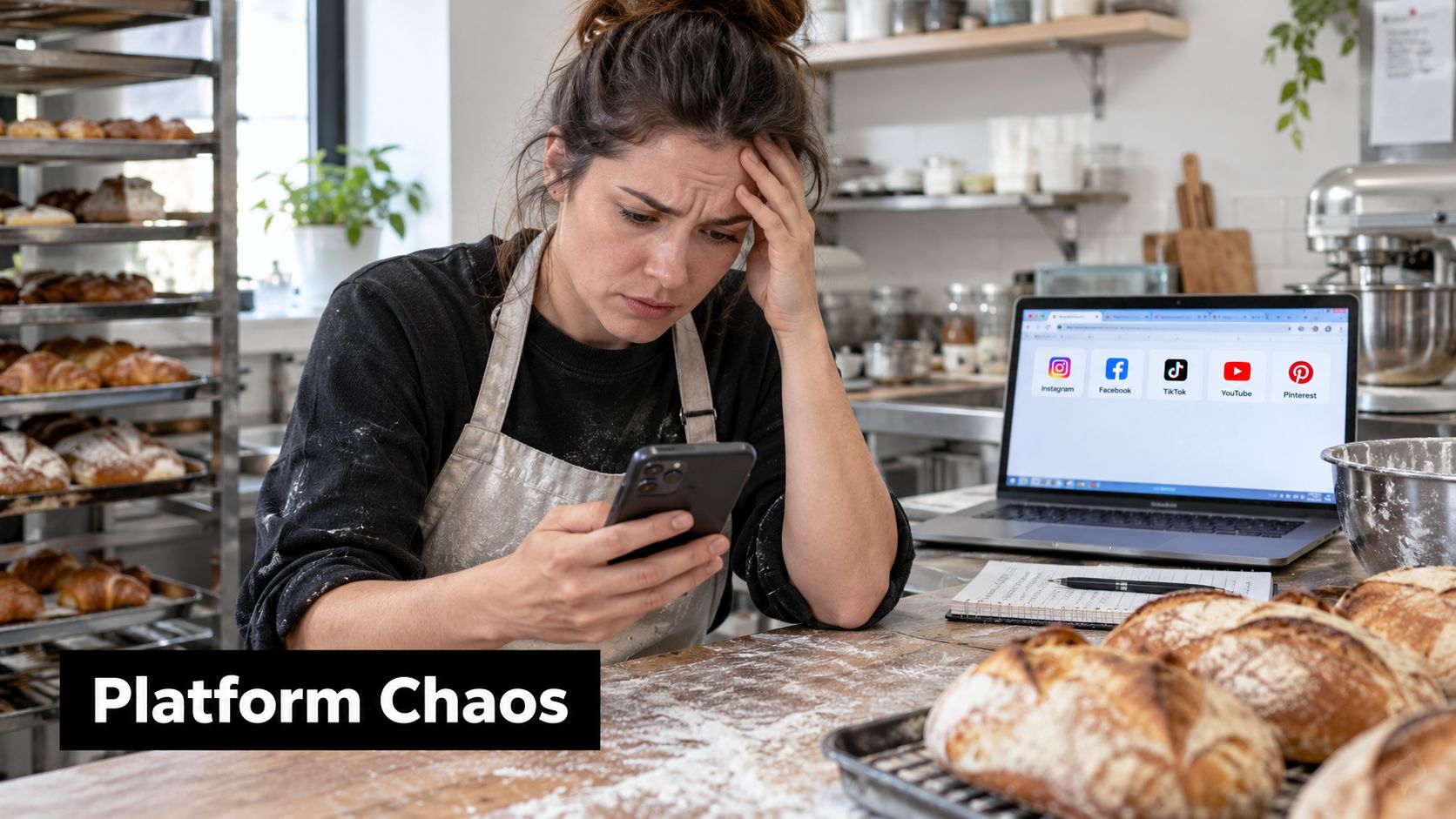 A stressed baker in a kitchen looking at her phone with social media icons on a laptop.