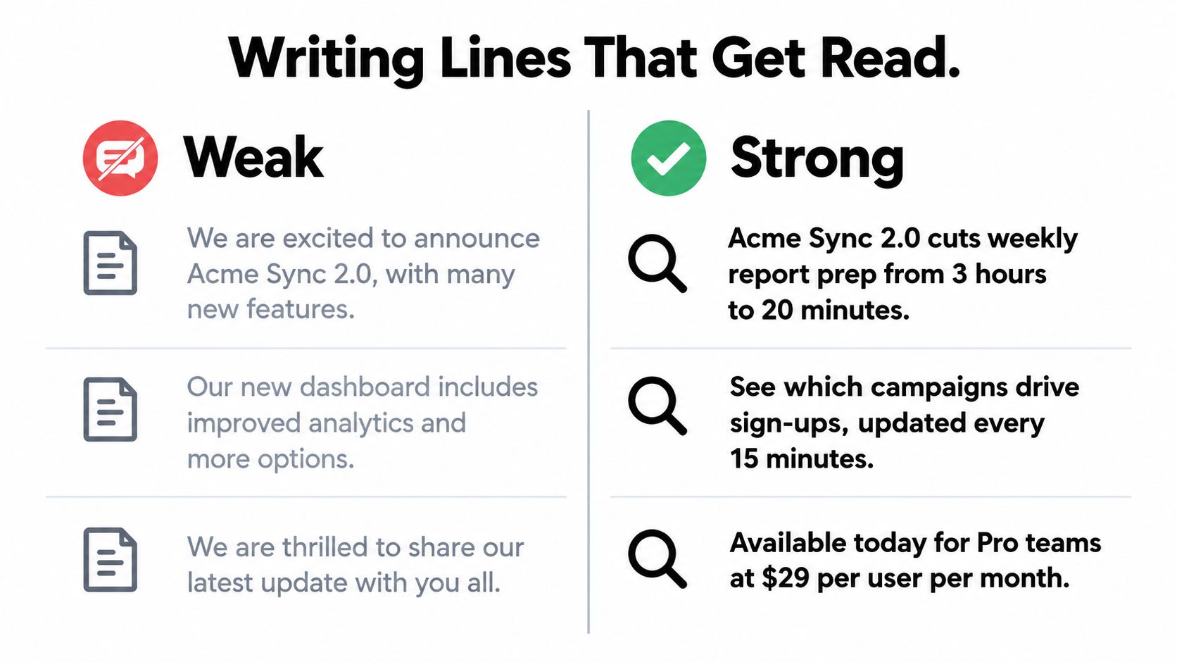 A comparison table showing weak and strong examples of product launch announcement copywriting for better engagement.