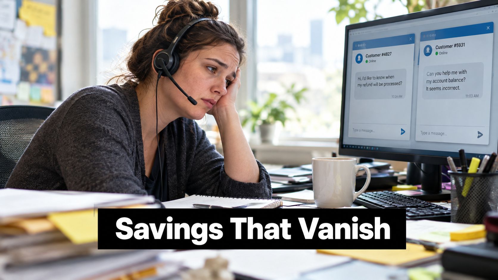 Stressed customer service representative sitting at a cluttered desk working with multiple online support chat windows.