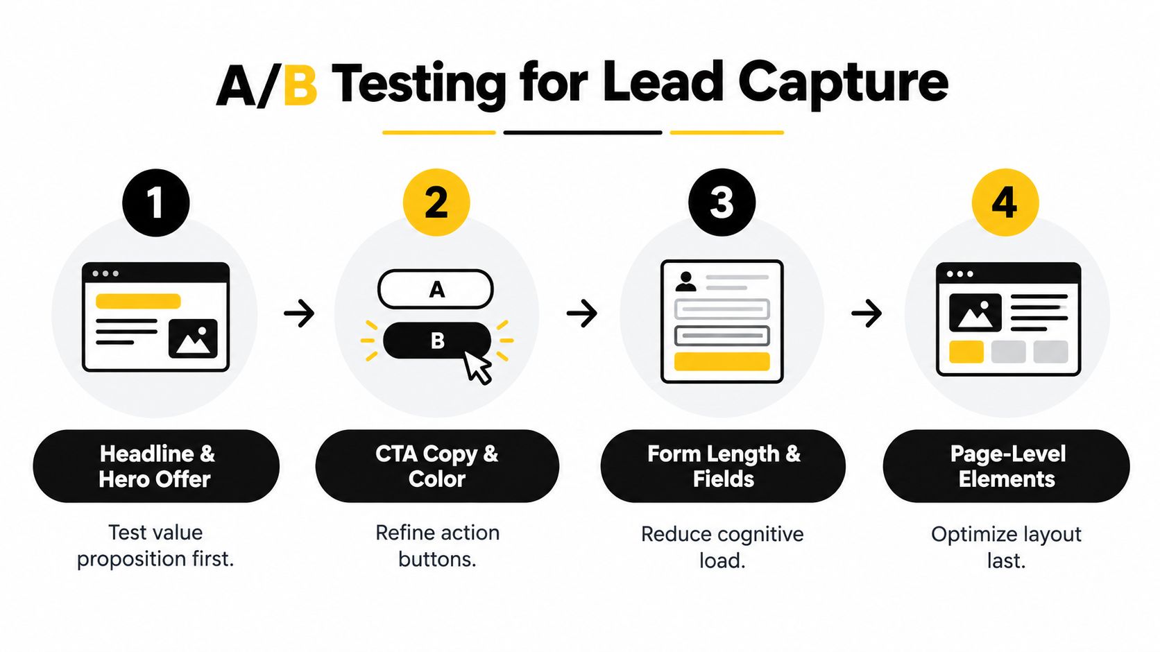 A four-step diagram illustrating the process of A/B testing for lead capture on a landing page.