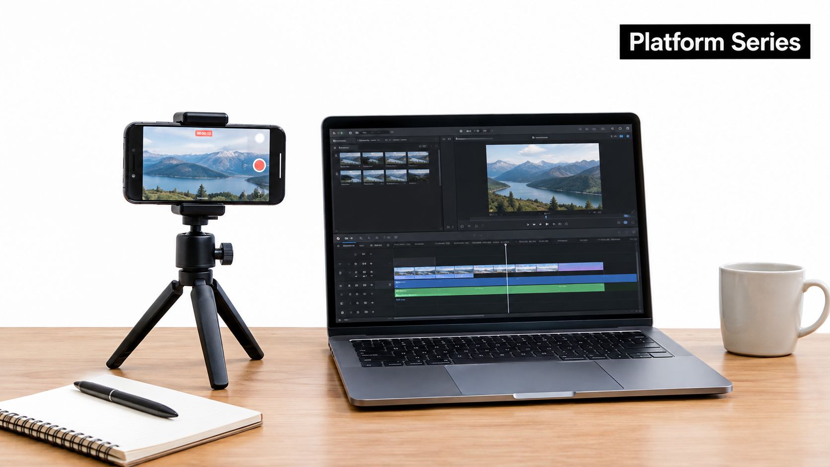 A smartphone on a mini tripod stands next to a laptop displaying video editing software on a desk.