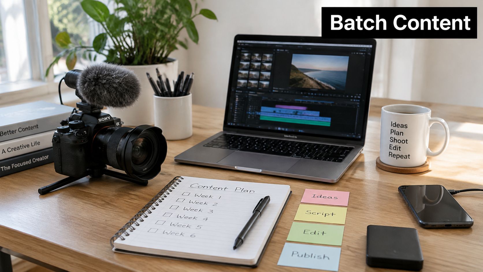 A professional creator's workspace with a camera, laptop, notepad, and workflow notes for content batching.